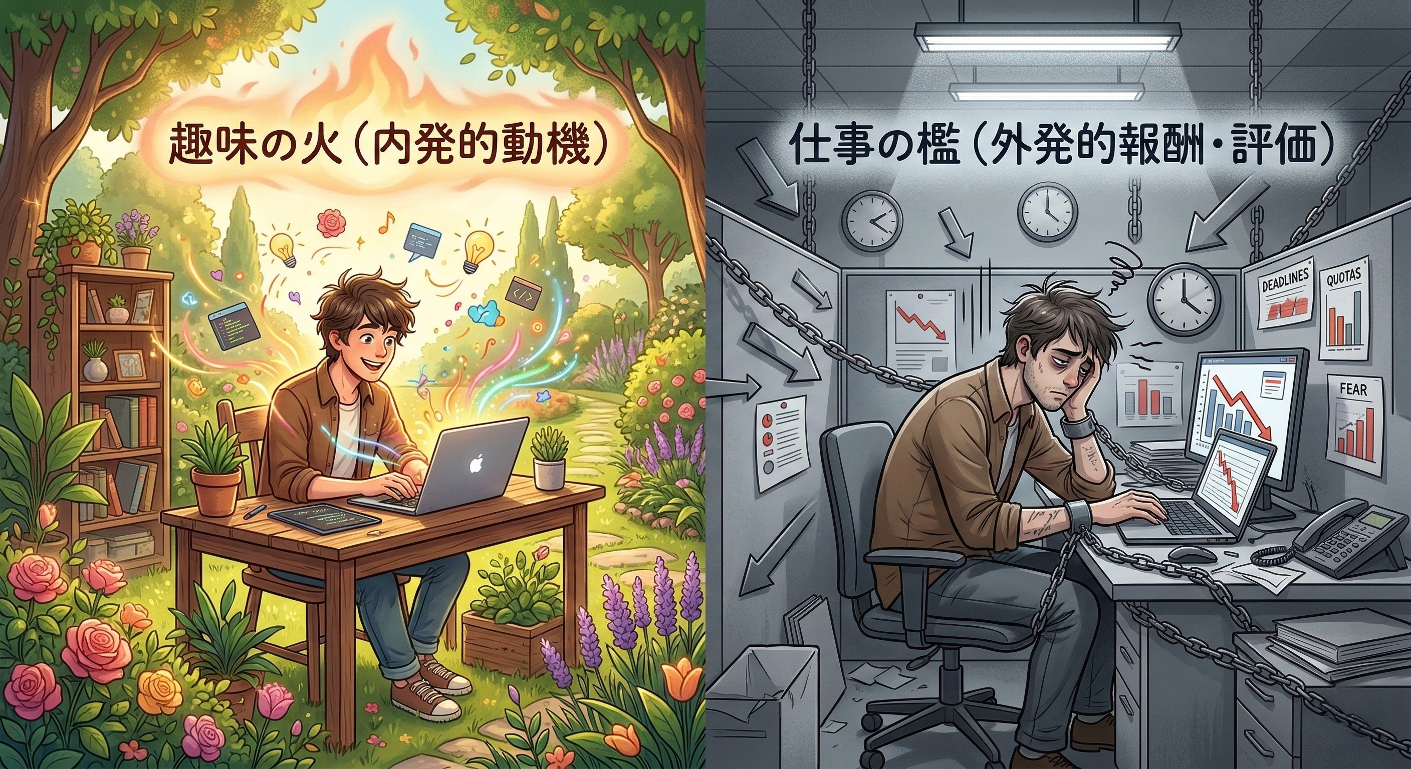 趣味の火（内発的動機）と仕事の檻（外発的報酬・評価）— 同じ人でも環境によって内発性が守られるか壊されるかが変わる